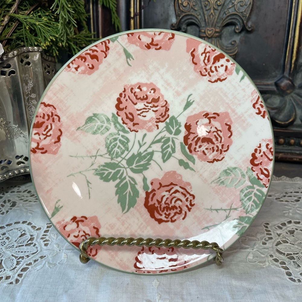 Patina Vie Claudette pink plaid ceramic plate  floral roses appetizer 6”